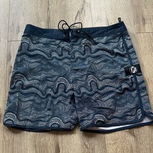 Wave Patterned Navy Swim Board Shorts